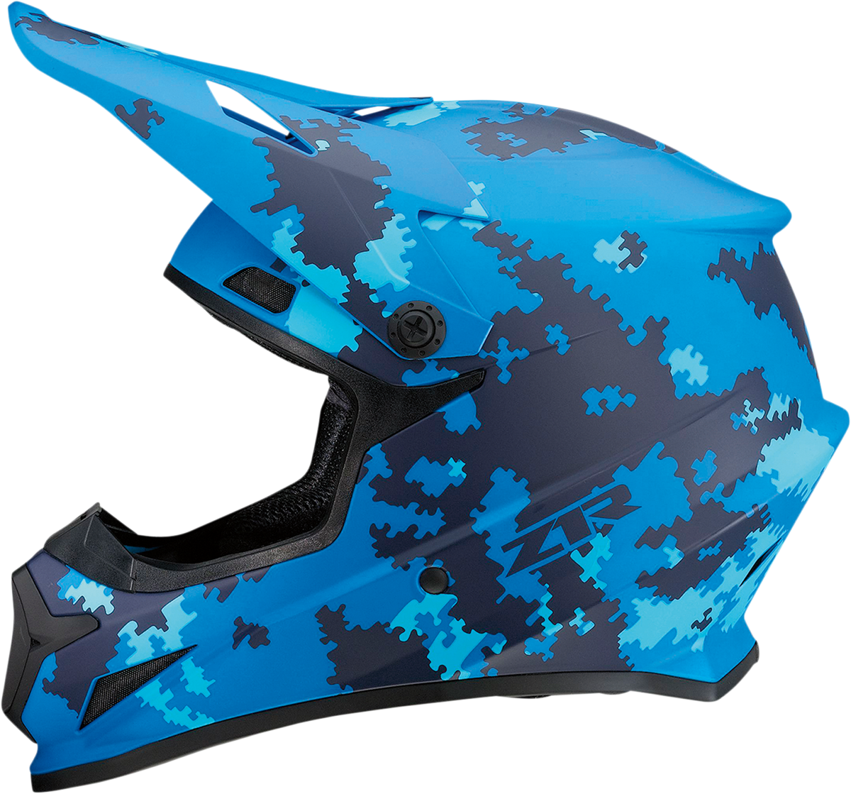 Z1R Rise helmet in digital camo blue with XL size, featuring a full-face helmet design and ventilation vents.