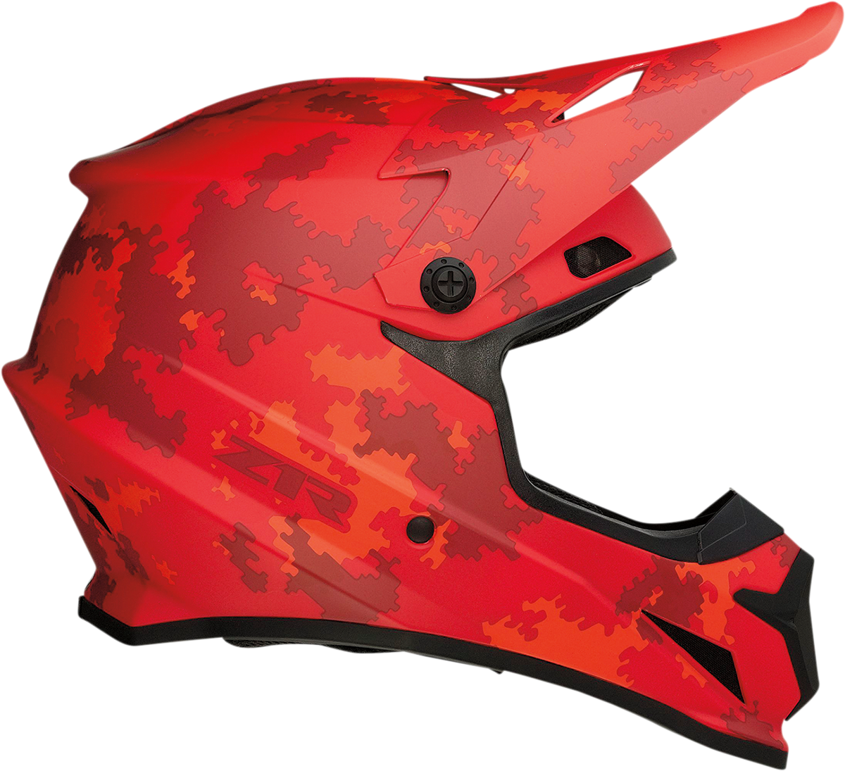 Z1R Rise helmet in Digi Camo Red, 2XL size, with enhanced ventilation and removable liner, shown from a side angle.