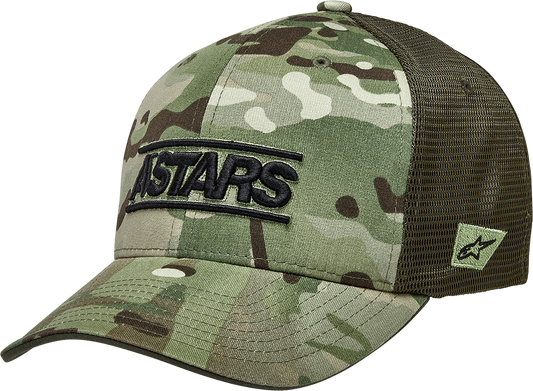 Alpinestars Proximity Hat in green with camouflage print and structured crown, available in size L/XL.