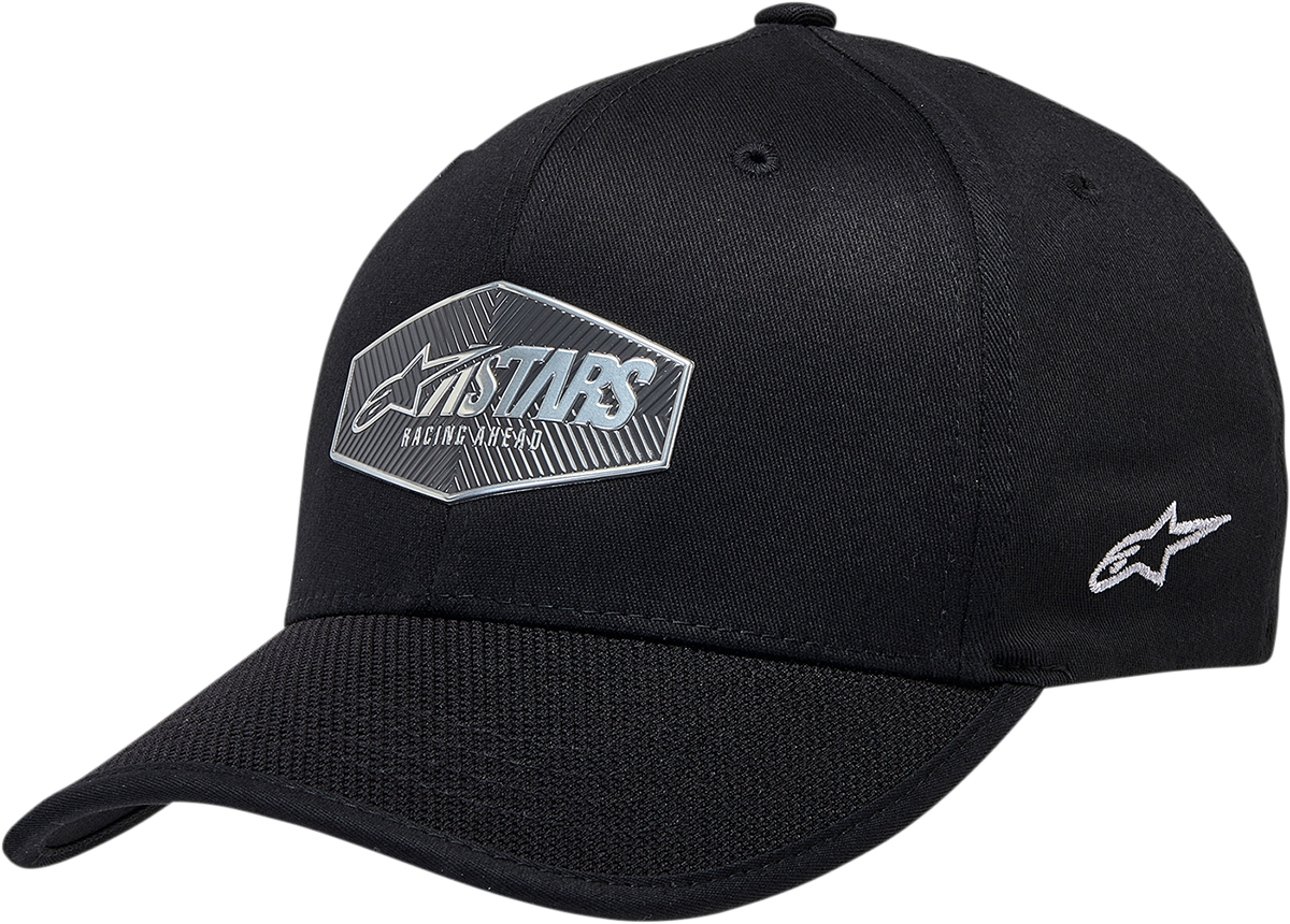 Black Alpinestars emblem hat in large/XL size with embroidered logo, casual design for sporty or everyday wear.