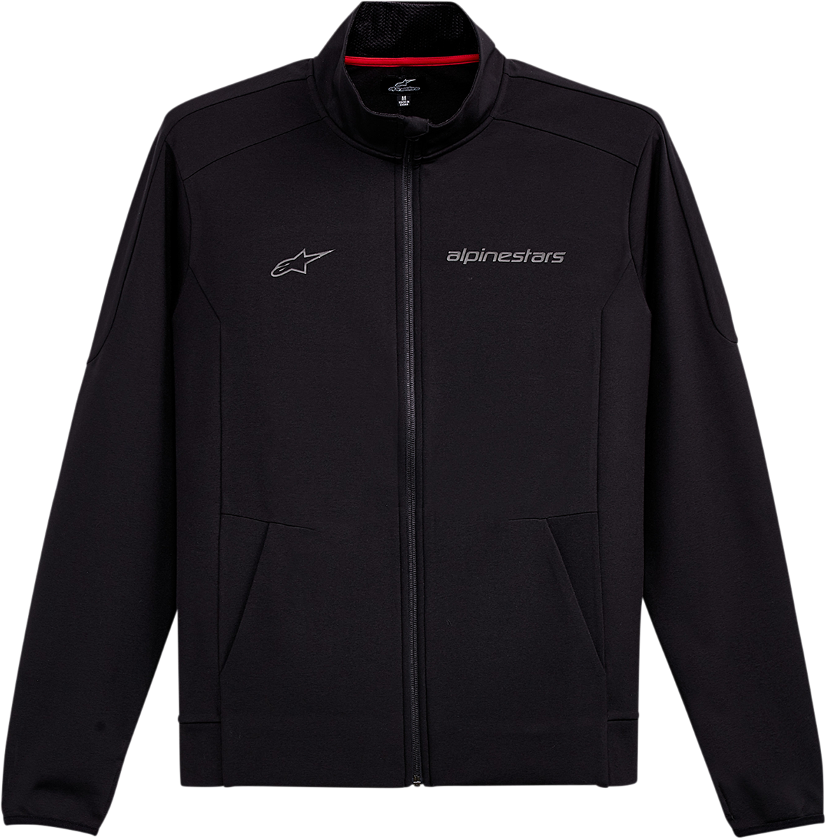 Alpinestars Progression Mid-Layer Jacket in black, size medium, shown on a hanger with front view and full length.