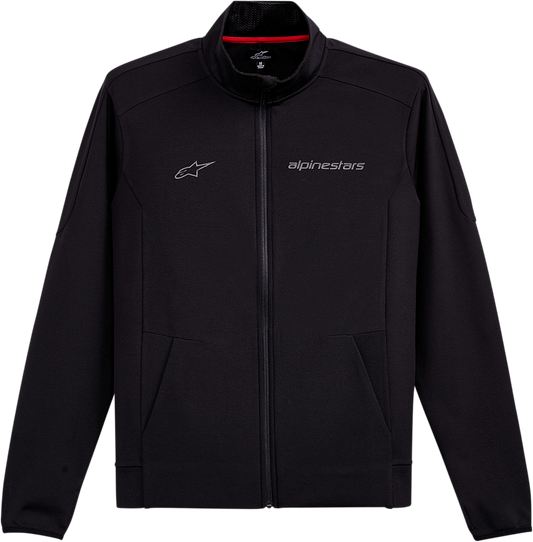 Alpinestars Progression Mid-Layer Jacket in black, size medium, shown on a hanger with front view and full length.