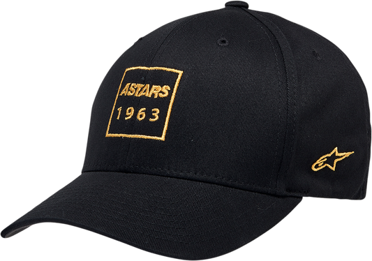 Alpinestars black cotton blend boxed hat with embroidery, small/medium size, stylish cap for casual wear.
