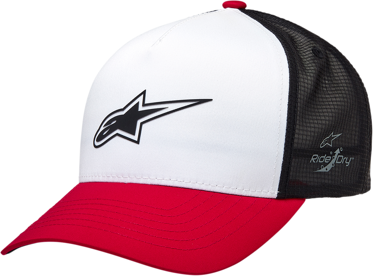 Alpinestars Advantage Tech Trucker Hat in white, red, and black with mesh back and embroidered Alpinestars logo.