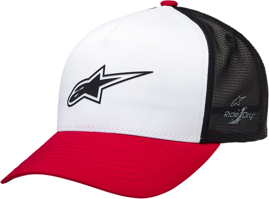 Alpinestars Advantage Tech Trucker Hat in white, red, and black with mesh back and embroidered Alpinestars logo.