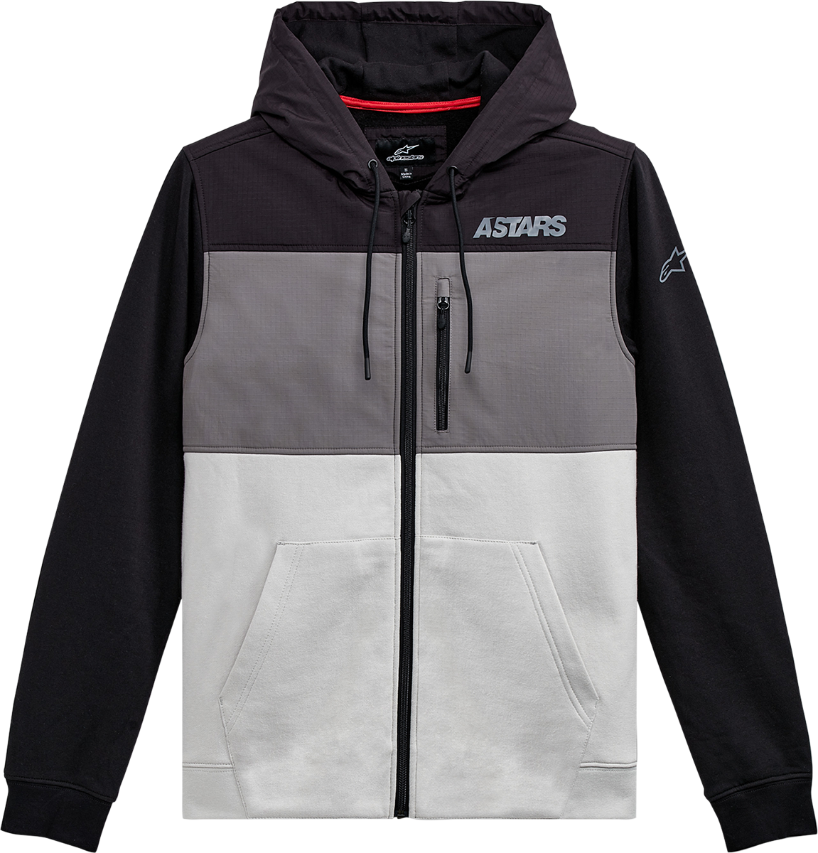 Alpinestars Elevate jacket in black and silver, hooded fleece with ripstop overlay, large size, casual and stylish outerwear.