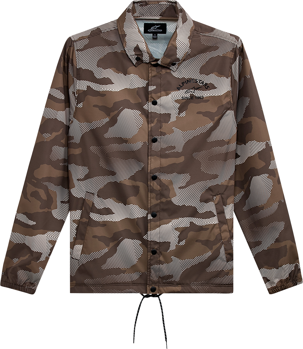 Alpinestars Garage Jacket in camo print, size XL, featuring a stylish logo and durable fabric for motorcycle riding.