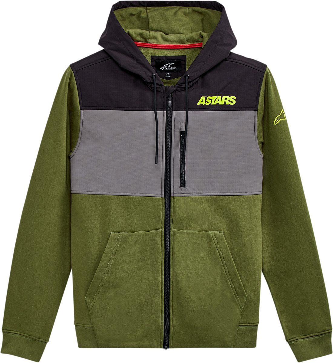 Alpinestars Elevate Jacket in olive color, size medium, featuring a durable sport-style design with multiple pockets and a high collar.