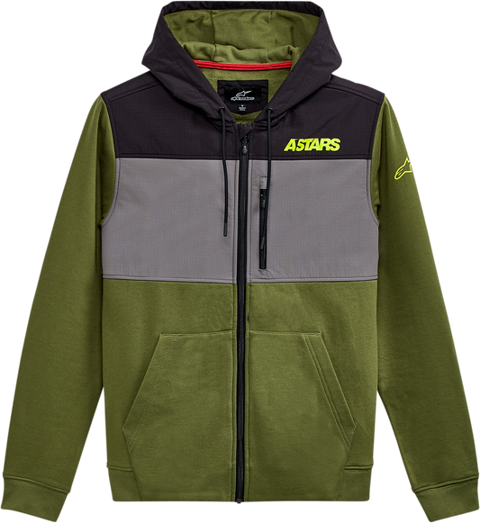 Alpinestars Elevate Jacket in olive color, size medium, featuring a durable sport-style design with multiple pockets and a high collar.
