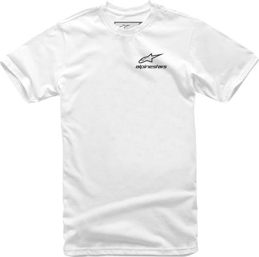 Alpinestars white corporate T-shirt in XL size with logo, made of soft fabric, displayed flat on a plain background.