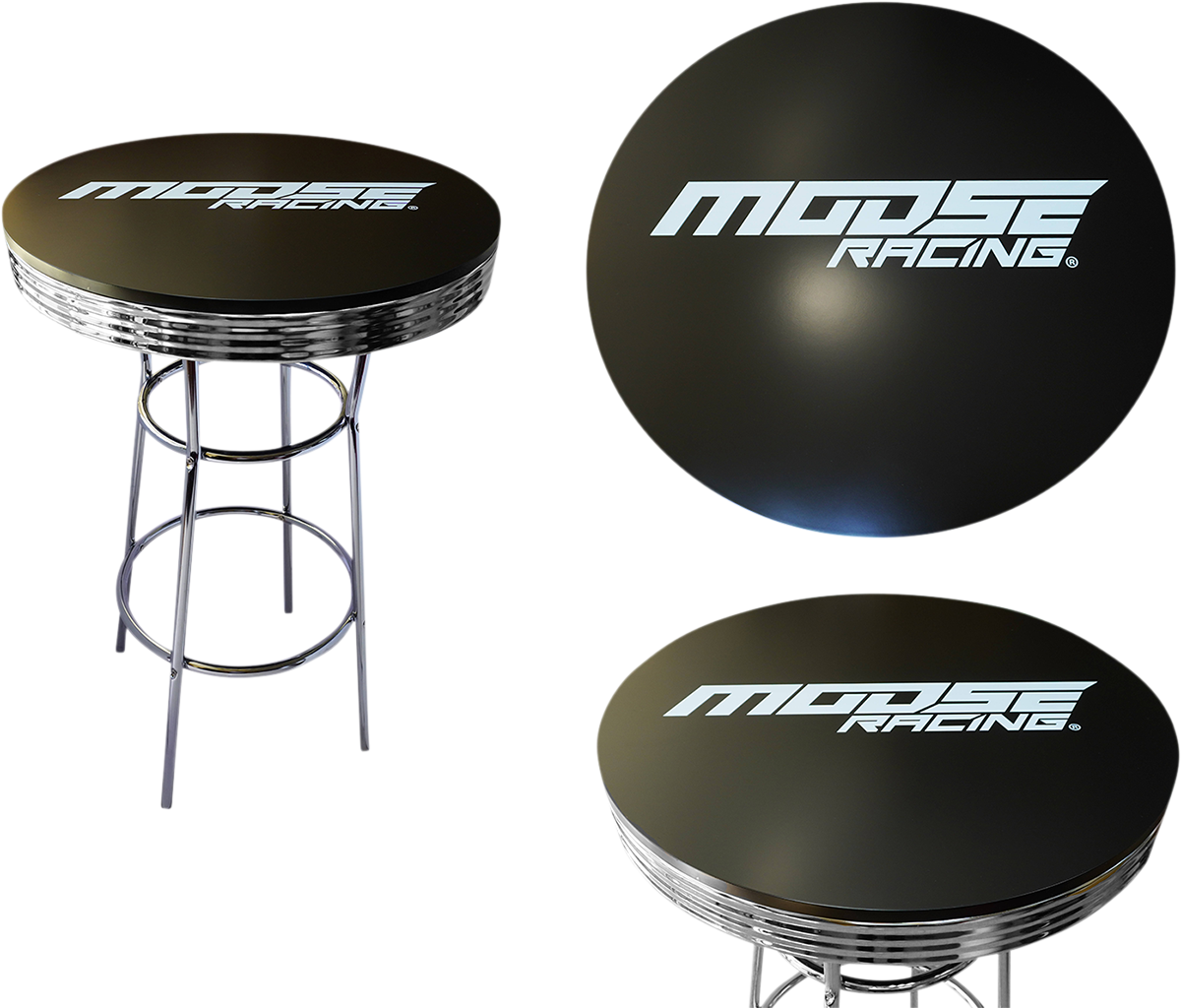 Moose Offroad 30-inch round branded pub table with sturdy metal base and wooden top for indoor or outdoor use.