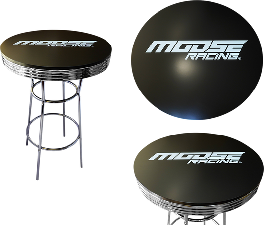Moose Offroad 30-inch round branded pub table with sturdy metal base and wooden top for indoor or outdoor use.