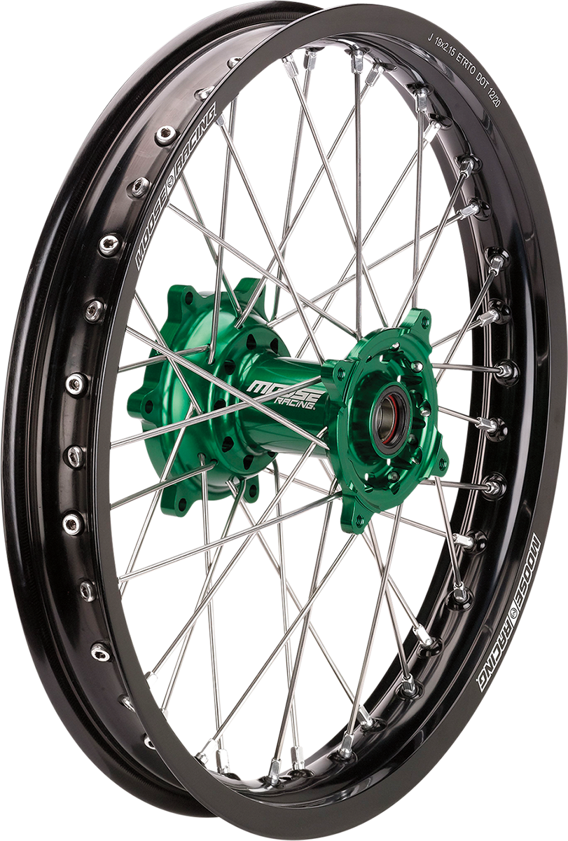 Moose Offroad SX-1 rear wheel assembly for Kawasaki KX, black wheel with green hub, 19x2.15 size.