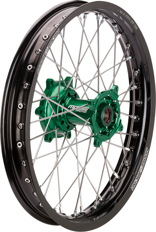 Moose Offroad SX-1 rear wheel assembly for Kawasaki KX, black wheel with green hub, 19x2.15 size.
