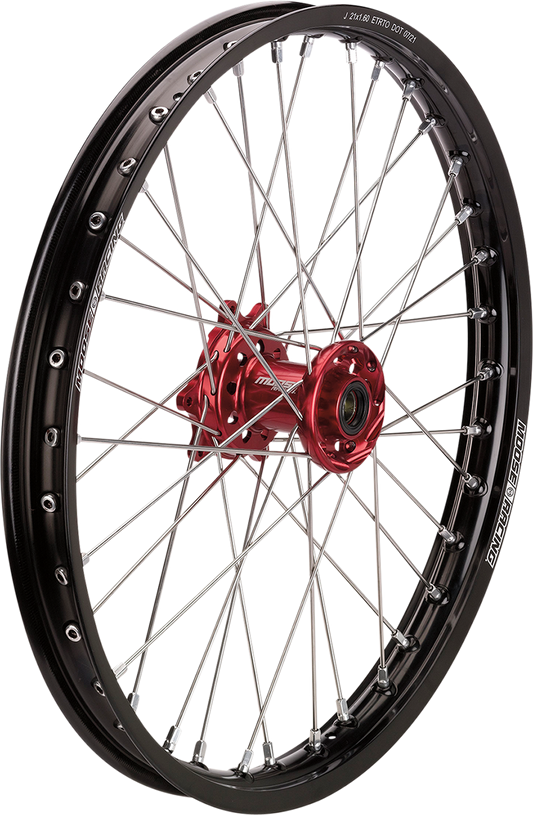 Moose Offroad SX-1 front wheel assembly for Honda CR/CRF, 21x1.6 inches black wheel with red hub, part HF-16021-BKRD.