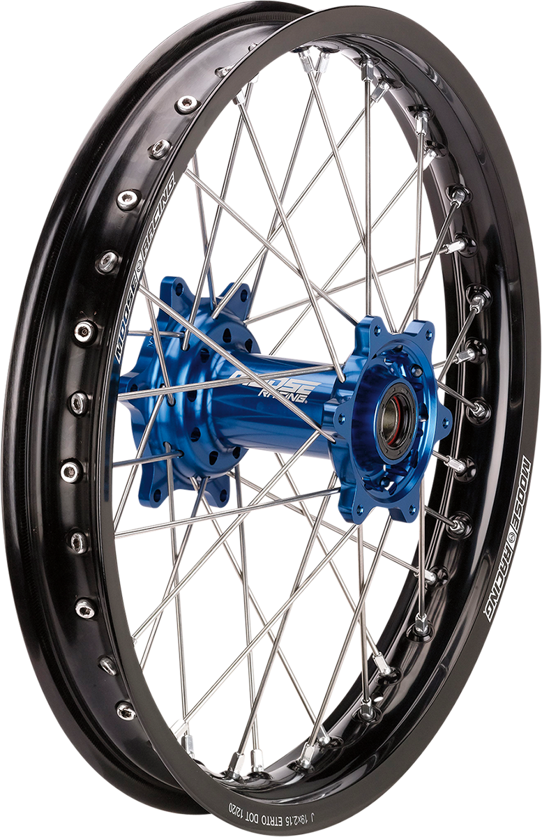 Black Moose Offroad SX-1 rear wheel assembly with blue hub for Yamaha WR/YZ, 19x2.15 size, off-road motorcycle part.