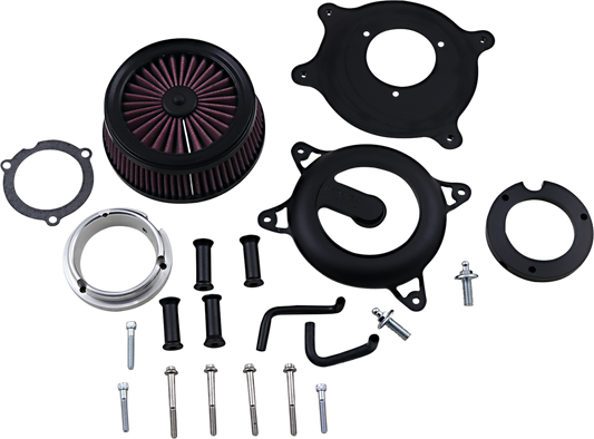 Vance & Hines VO2 Rogue Air Intake Kit in wrinkle black for motorcycles, featuring sleek design and branded airflow components.