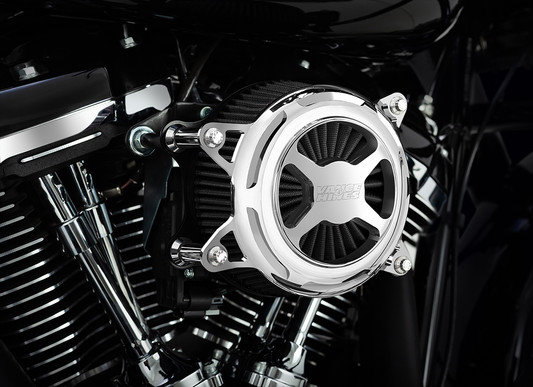 Vance & Hines VO2 X air intake kit in chrome for Harley Touring and Softail motorcycles, showing the sleek, polished design.