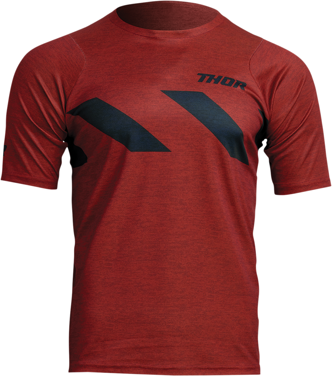 THOR Assist Hazard short-sleeve MTB jersey in brick and heather, XS, featuring breathable fabric and mountain biking design.