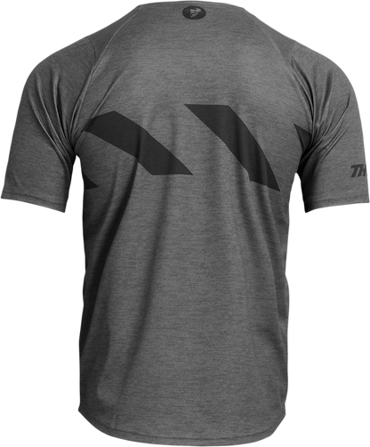 THOR Assist Hazard short-sleeve MTB jersey in charcoal and Heather, large size, with hazard graphic and breathable fabric.