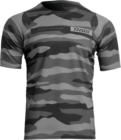 Dark gray camo THOR Assist short-sleeve jersey, small size, featuring breathable fabric and athletic fit for motocross riding.