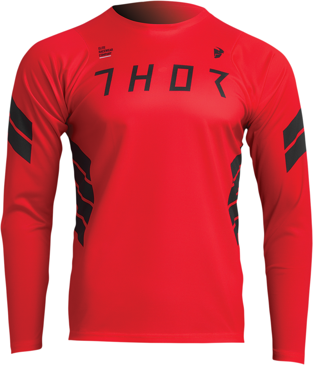 Red THOR Assist Sting long-sleeve MTB jersey with breathable fabric and logo details, designed for mountain biking.