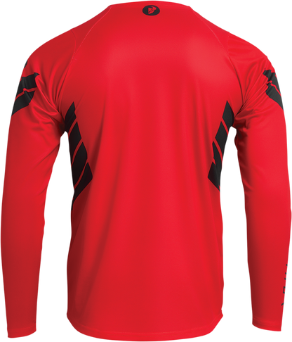 Red THOR Assist Sting Long-Sleeve MTB Jersey, model 5020-0033, designed for mountain biking with breathable fabric and vibrant color.