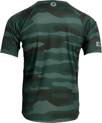 THOR Assist short-sleeve jersey in camo green, model 5020-0023, XL, featuring breathable fabric and motocross-inspired design.