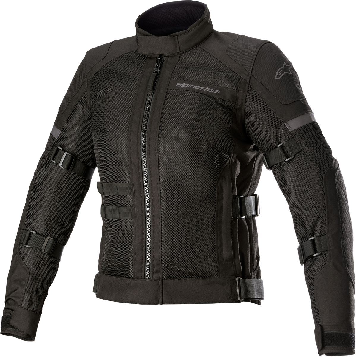 Alpinestars Stella Crosshill WP Air women's black motorcycle jacket with ventilation panels, size large, front view.