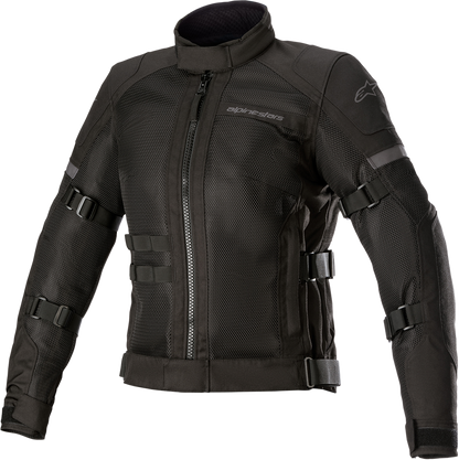 Alpinestars Stella Crosshill WP Air women's black motorcycle jacket with ventilation panels, size large, front view.