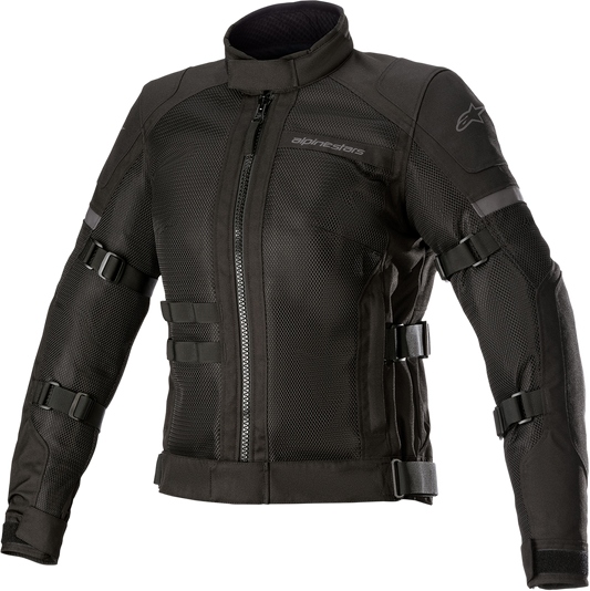 Alpinestars Stella Crosshill WP Air women's black motorcycle jacket with ventilation panels, size large, front view.