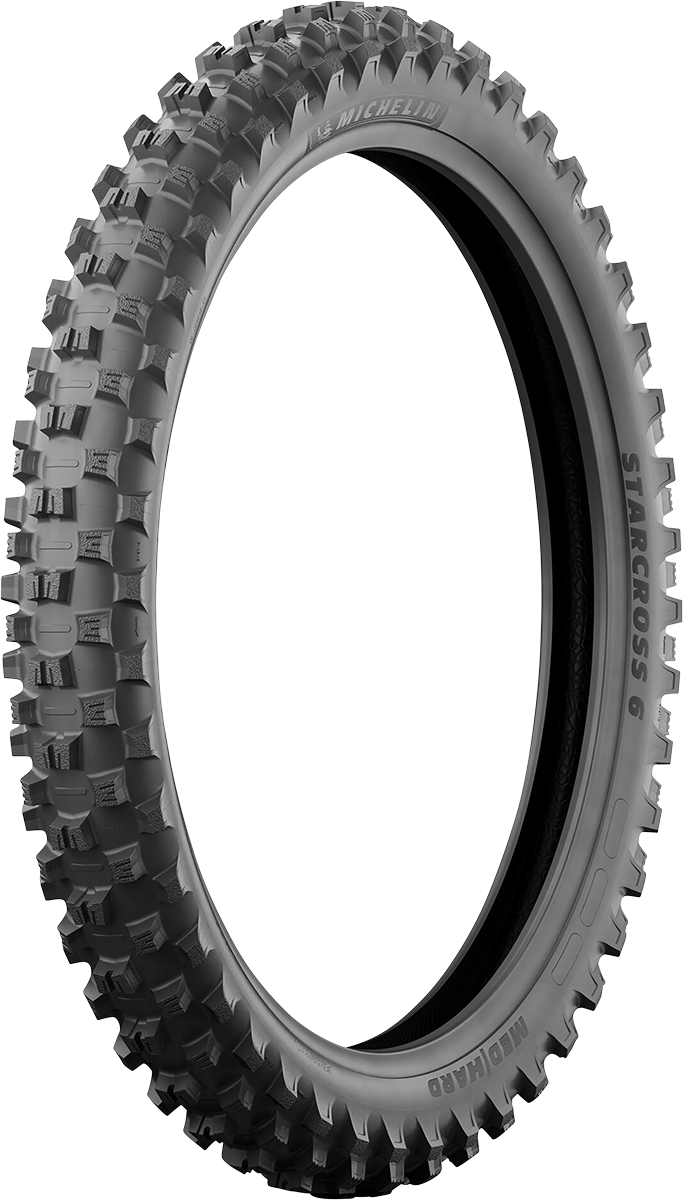 MICHELIN StarCross 6 medium soft front motorcycle tire 90/100-21 for off-road riding, showing tread pattern and sidewall details.