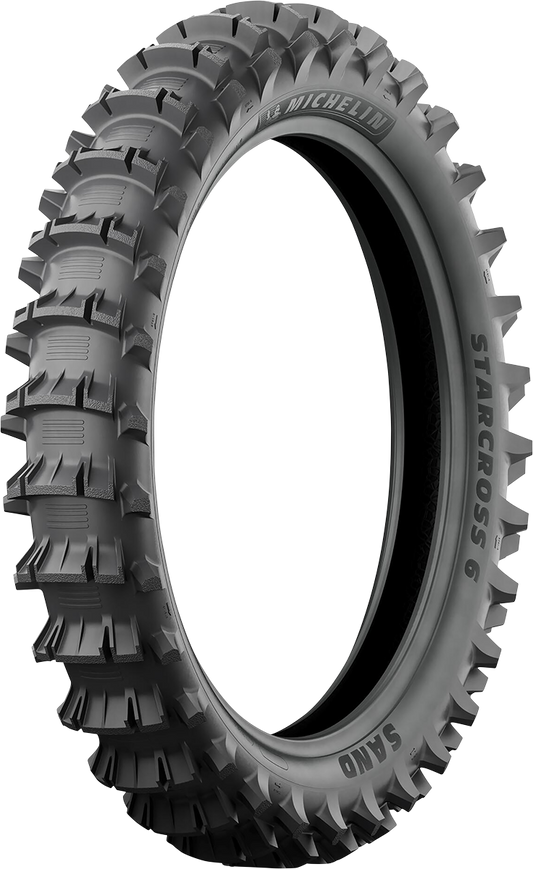 Michelin StarCross 6 Mud rear motorcycle tire, 100/90-19 size, rugged tread pattern for off-road riding.