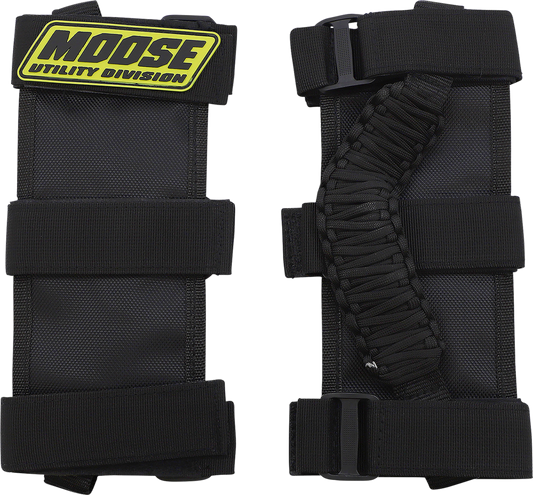 Black Moose Offroad UTV grab handles with sturdy design, mounted on a utility vehicle for safety and secure grip.