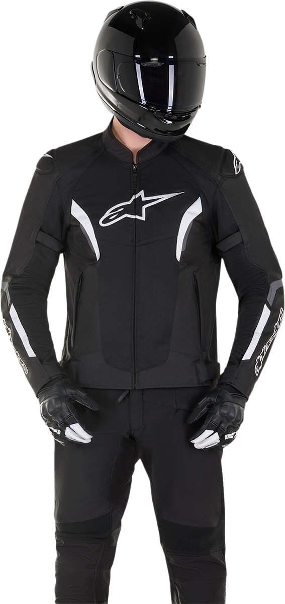 Alpinestars AST v2 Air Jacket in black and white, large size, lightweight motorcycle jacket with protective armor, front view.