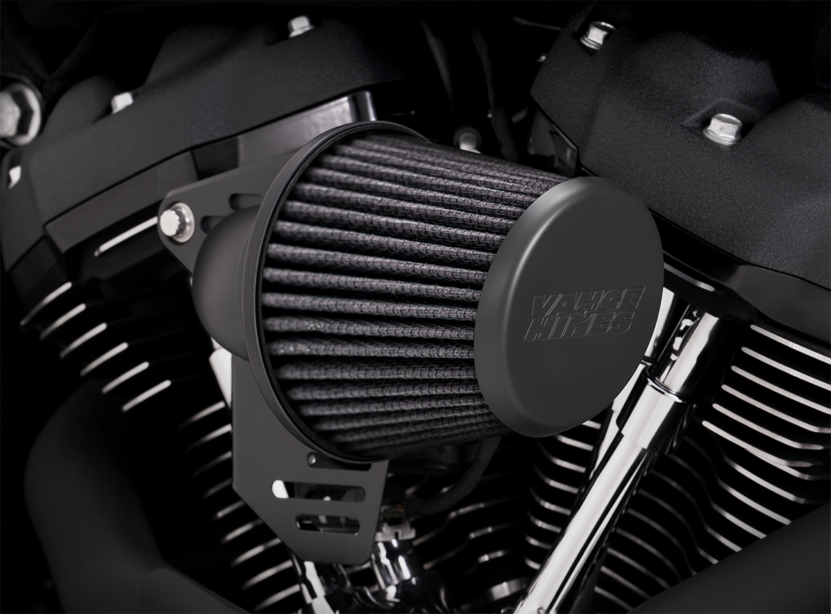 Vance & Hines VO2 Falcon air intake kit in matte black with sleek design and branding for motorcycle performance upgrade