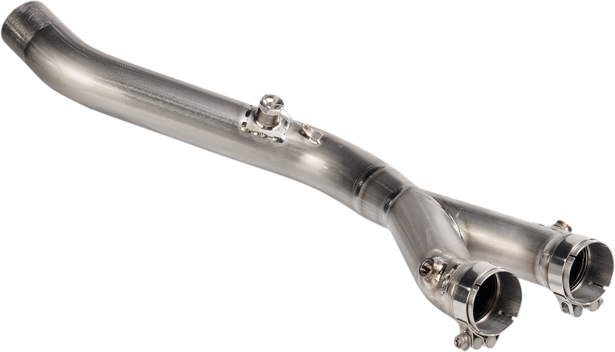 AKRAPOVIC Link Pipe L-Y10SO19 for Slip-On Line Titanium Exhaust System, metal motorcycle exhaust component on a white background