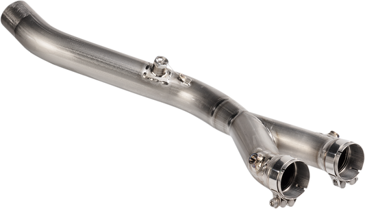 AKRAPOVIC Link Pipe L-Y10SO19 for Slip-On Line Titanium Exhaust System, metal motorcycle exhaust component on a white background