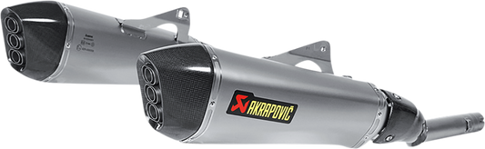 AKRAPOVIC slip-on titanium muffler for BMW touring motorcycle, showcasing sleek exhaust design and brand logo.