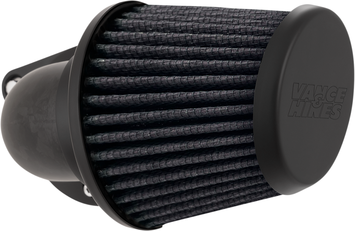 VANCE & HINES VO2 Falcon air intake kit with forged carbon fiber finish for motorcycle, showcasing the sleek, aerodynamic design.