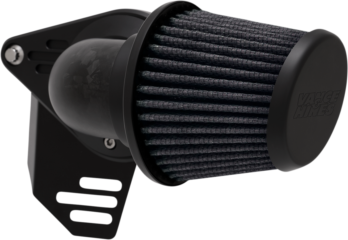 Vance & Hines VO2 Falcon Air Intake Kit in forged carbon fiber for motorcycle engine performance enhancement.