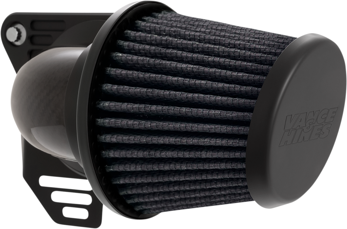 Vance & Hines VO2 Falcon air intake kit in woven carbon fiber for Harley-Davidson motorcycles, featuring sleek design and branding.