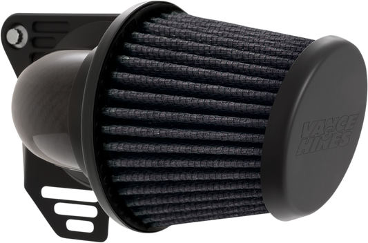 Vance & Hines VO2 Falcon air intake kit in woven carbon fiber for Harley-Davidson motorcycles, featuring sleek design and branding.