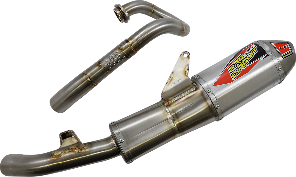Pro Circuit T-6 exhaust system for off-road and MX bikes, featuring durable metal construction and sleek design.