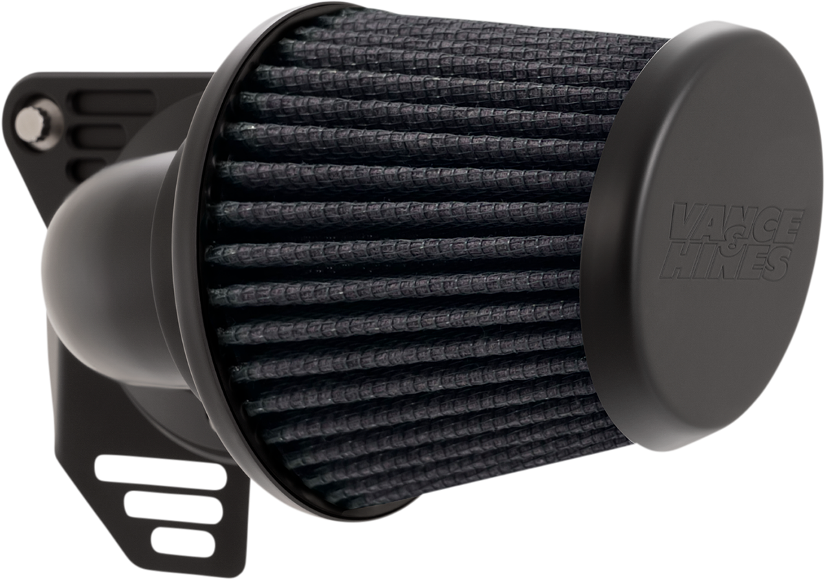 Vance & Hines VO2 Falcon air intake kit in matte black with sleek design and brand logo for motorcycle performance enhancement.