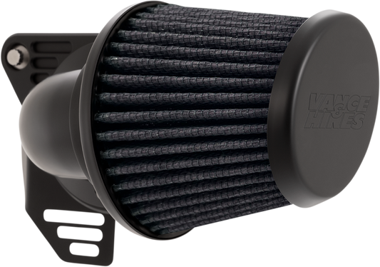 Vance & Hines VO2 Falcon air intake kit in matte black with sleek design and brand logo for motorcycle performance enhancement.