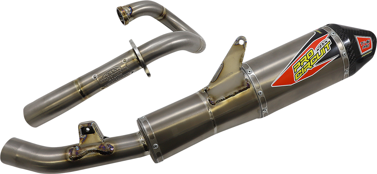 Pro Circuit Ti-6 Pro Titanium Exhaust System for motorcycle, showcasing sleek titanium pipes and polished finish.