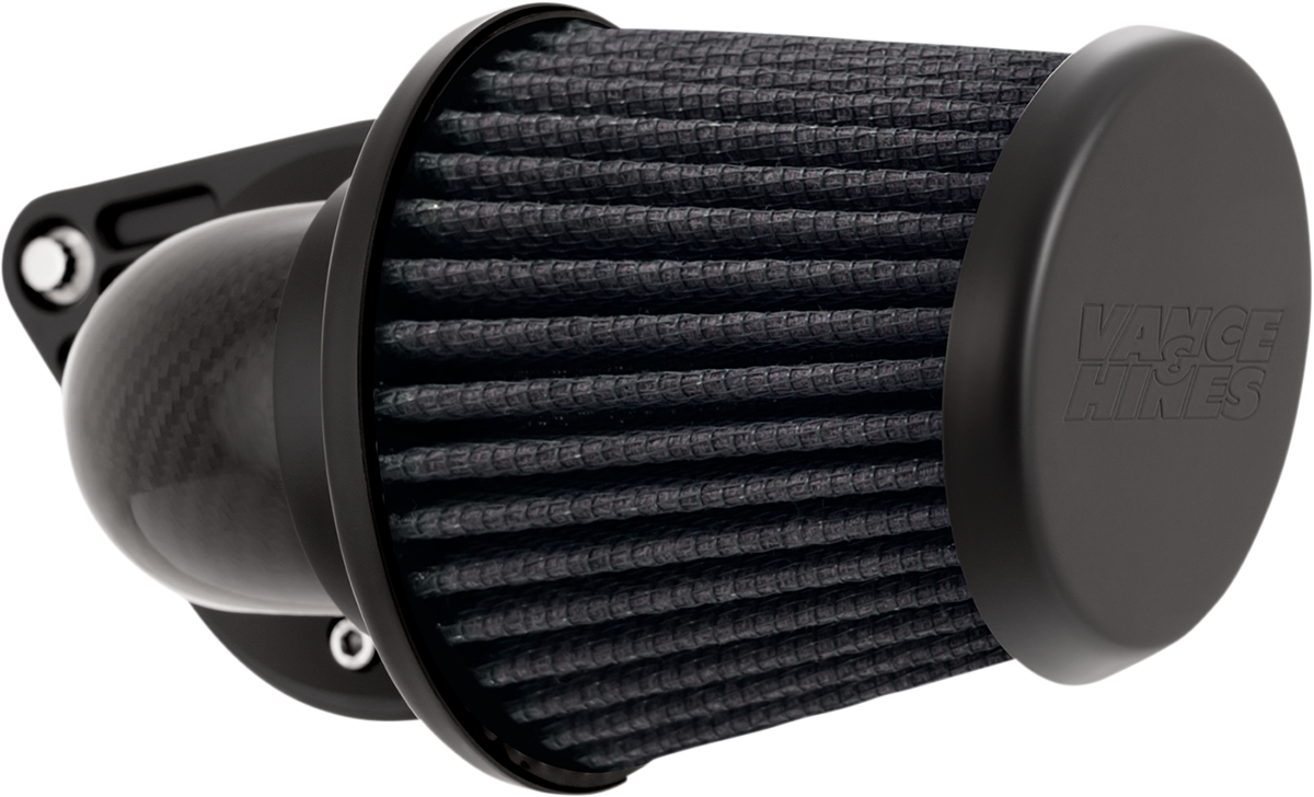 Vance & Hines VO2 Falcon air intake kit with woven carbon fiber, showcasing sleek design and high-performance motorcycle parts.
