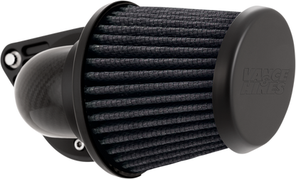 Vance & Hines VO2 Falcon air intake kit with woven carbon fiber, showcasing sleek design and high-performance motorcycle parts.