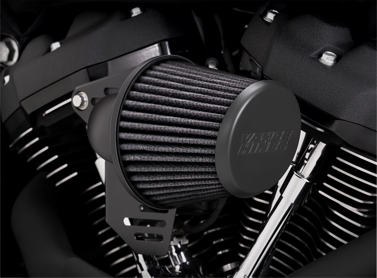 Vance & Hines VO2 Falcon air intake kit in matte black for motorcycle, featuring sleek design and branded components.